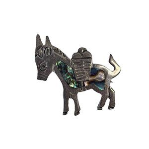 Sterling Silver Taxco Donkey Brooch With Turquoise & Abalone Inlay